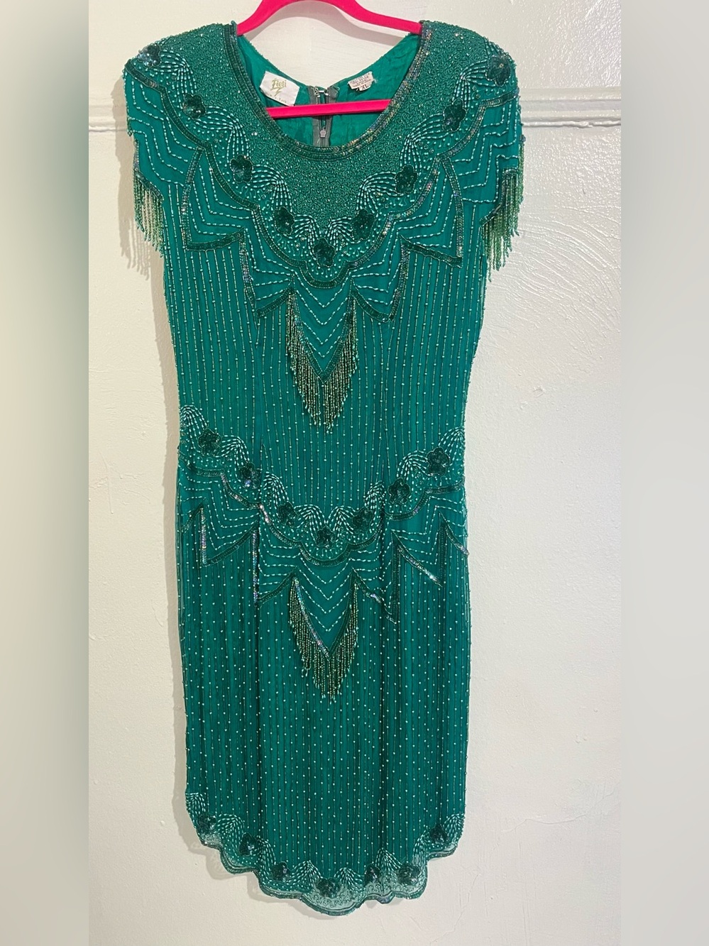 Vintage Fieri New York Silk Beaded Emerald Green Midi Dress with Fringe Detail